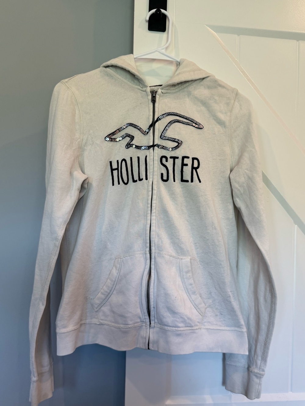 Hollister Cream Sequin Logo Zip-Up Hoodie Size Large Y2K